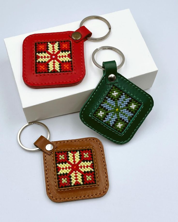 Handcrafted Leather Keychains with Cross Stitch Embroidery