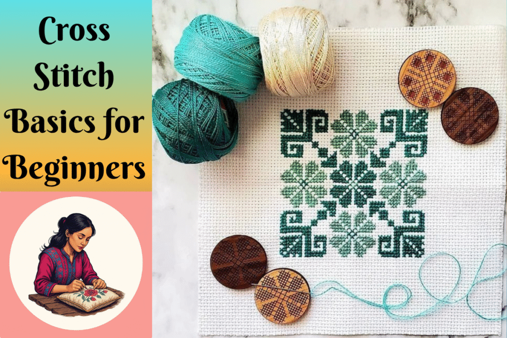 Cross Stitch Basics supplies including Aida fabric, embroidery floss, hoop, and scissors